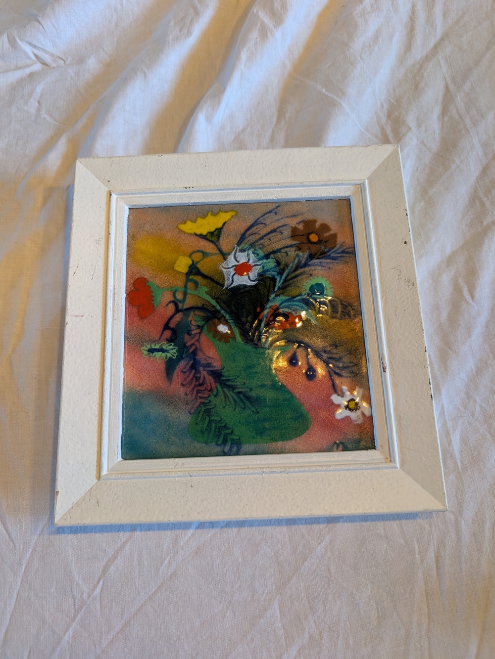 2/120$ Vintage Floral enamel on copper Art in Green, Yellow, Red, White